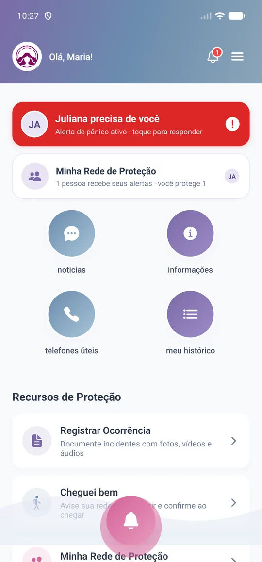 Aviso de que Juliana precisa de ajuda na tela inicial